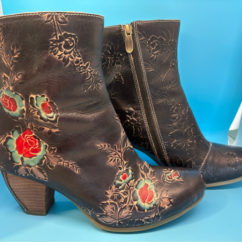 Women’s Floral Embossed Leather Ankle Boots - Brown with Red/Green Accents
